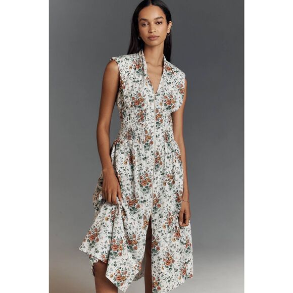 Anthropologie The Tommie Cap-Sleeve Smocked Front-Zip Midi Shirt Dress $170